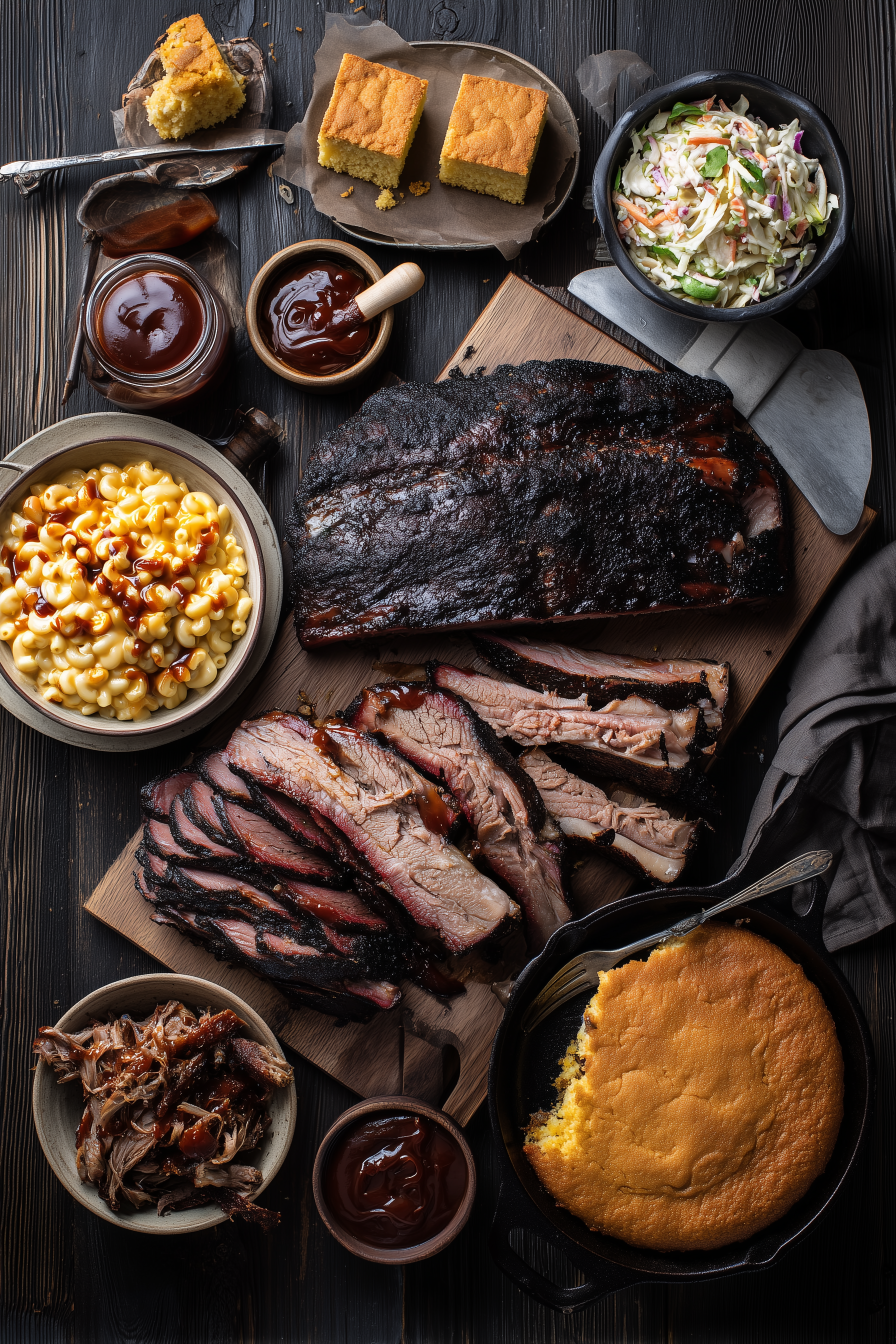 BBQ spread on dark wood